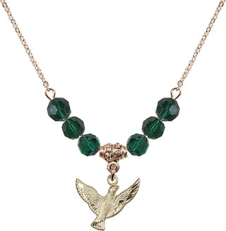 18" Hamilton Gold Plated Necklace with 4mm Emerald Crystal Beads featuring a 14kt Gold Filled Holy Spirit Medal.
