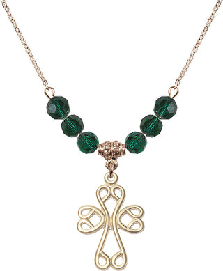 18" Hamilton Gold Plated Necklace with 4mm Emerald Crystal Beads featuring a 14kt Gold Filled Scroll Cross Medal.