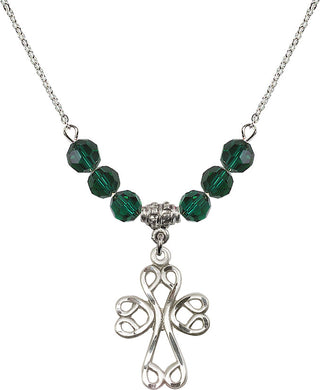 18" Rhodium Plated Necklace with 4mm Emerald Crystal Beads featuring a Sterling Silver Scroll Cross Medal.