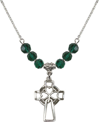 18" Rhodium Plated Necklace with 4mm Emerald Crystal Beads featuring a Sterling Silver Shamrock Cross Medal.