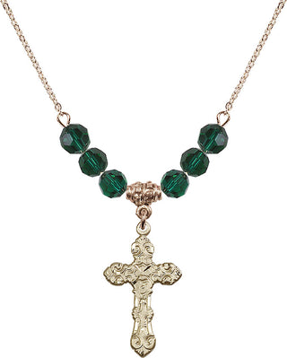 18" Hamilton Gold Plated Necklace with 4mm Emerald Crystal Beads featuring a 14kt Gold Filled Cross Medal. Engraved Catholic Saint Jewelry