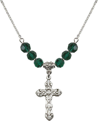 18" Rhodium Plated Necklace with 4mm Emerald Crystal Beads featuring a Sterling Silver Cross Medal. Engraved Catholic Saint Jewelry