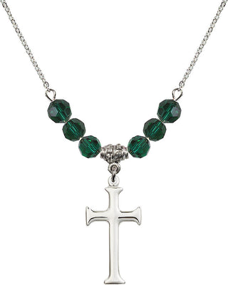 18" Rhodium Plated Necklace with 4mm Emerald Crystal Beads featuring a Sterling Silver Cross Medal. Engraved Catholic Saint Jewelry