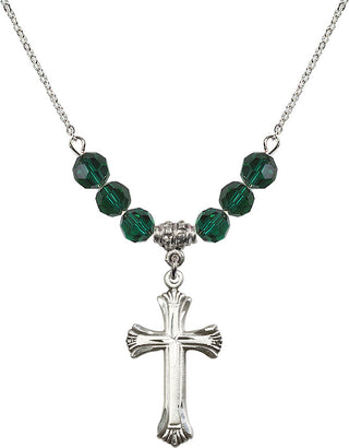 18" Rhodium Plated Necklace with 4mm Emerald Crystal Beads featuring a Sterling Silver Cross Medal. Engraved Catholic Saint Jewelry