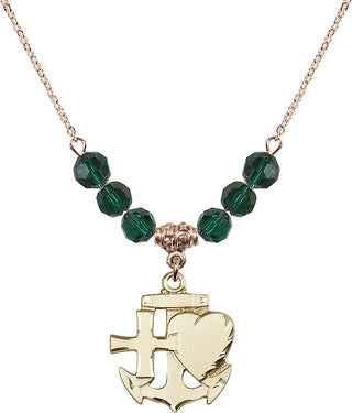 18" Hamilton Gold Plated Necklace with 4mm Emerald Crystal Beads featuring a 14kt Gold Filled Faith, Hope & Charity Medal.
