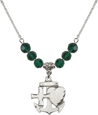 18" Rhodium Plated Necklace with 4mm Emerald Crystal Beads featuring a Sterling Silver Faith, Hope & Charity Medal.