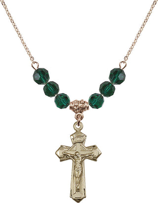 18" Hamilton Gold Plated Necklace with 4mm Emerald Crystal Beads featuring a 14kt Gold Filled Crucifix Medal.