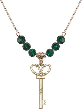 18" Hamilton Gold Plated Necklace with 4mm Emerald Crystal Beads featuring a 14kt Gold Filled Small Key w/Double Hearts Medal.