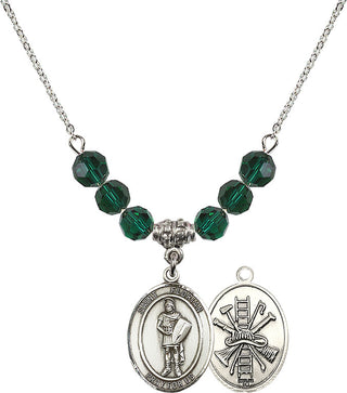 18" Rhodium Plated Necklace with 4mm Emerald Crystal Beads featuring a Sterling Silver Saint Florian/Firefighter Medal.