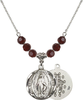 18" Rhodium Plated Necklace with 4mm Garnet Crystal Beads featuring a Sterling Silver Miraculous Medal.