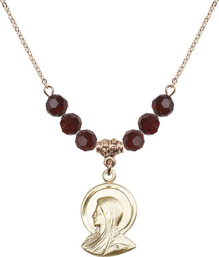 18" Hamilton Gold Plated Necklace with 4mm Garnet Crystal Beads featuring a 14kt Gold Filled Madonna Medal.