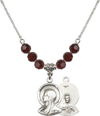 18" Rhodium Plated Necklace with 4mm Garnet Crystal Beads featuring a Sterling Silver Madonna Medal.