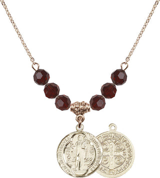 18" Hamilton Gold Plated Necklace with 4mm Garnet Crystal Beads featuring a 14kt Gold Filled Saint Benedict Medal.