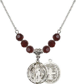 18" Rhodium Plated Necklace with 4mm Garnet Crystal Beads featuring a Sterling Silver Saint Benedict Medal.