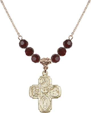 18" Hamilton Gold Plated Necklace with 4mm Garnet Crystal Beads featuring a 14kt Gold Filled 5-Way Medal.