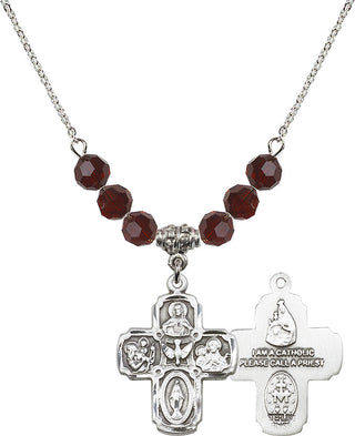 18" Rhodium Plated Necklace with 4mm Garnet Crystal Beads featuring a Sterling Silver 5-Way Medal.