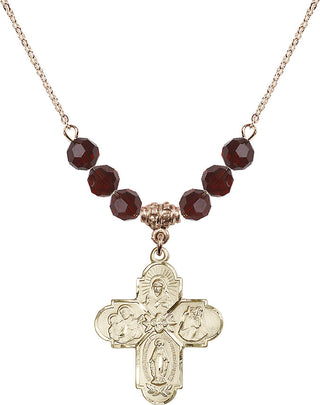 18" Hamilton Gold Plated Necklace with 4mm Garnet Crystal Beads featuring a 14kt Gold Filled 4-Way Medal.