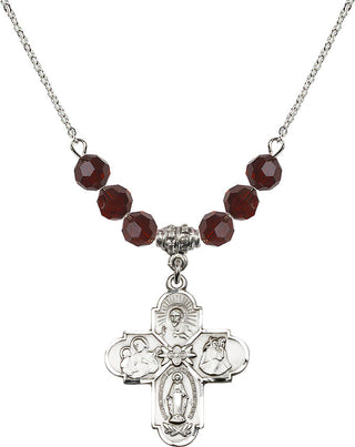 18" Rhodium Plated Necklace with 4mm Garnet Crystal Beads featuring a Sterling Silver 4-Way Medal.