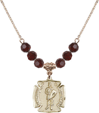 18" Hamilton Gold Plated Necklace with 4mm Garnet Crystal Beads featuring a 14kt Gold Filled Saint Florian Medal. Engraved Catholic Saint Jewelry