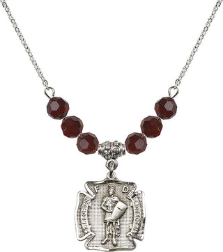 18" Rhodium Plated Necklace with 4mm Garnet Crystal Beads featuring a Sterling Silver Saint Florian Medal. Engraved Catholic Saint Jewelry