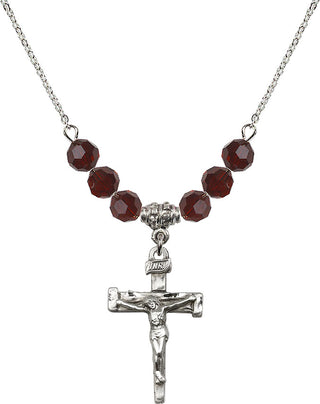 18" Rhodium Plated Necklace with 4mm Garnet Crystal Beads featuring a Sterling Silver Nail Crucifix Medal.