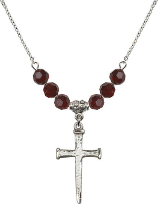 18" Rhodium Plated Necklace with 4mm Garnet Crystal Beads featuring a Sterling Silver Nail Cross Medal.