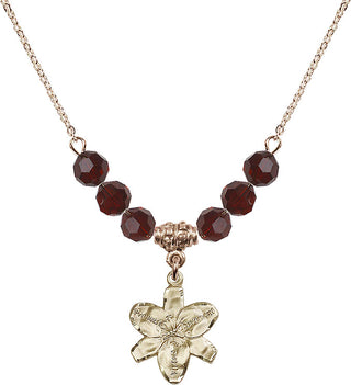 18" Hamilton Gold Plated Necklace with 4mm Garnet Crystal Beads featuring a 14kt Gold Filled Chastity Medal.