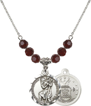 18" Rhodium Plated Necklace with 4mm Garnet Crystal Beads featuring a Sterling Silver Saint Christopher / Air Force Medal.