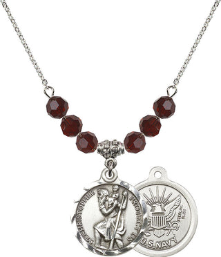 18" Rhodium Plated Necklace with 4mm Garnet Crystal Beads featuring a Sterling Silver Saint Christopher / Navy Medal.
