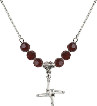18" Rhodium Plated Necklace with 4mm Garnet Crystal Beads featuring a Sterling Silver Saint Brigid Cross Medal.
