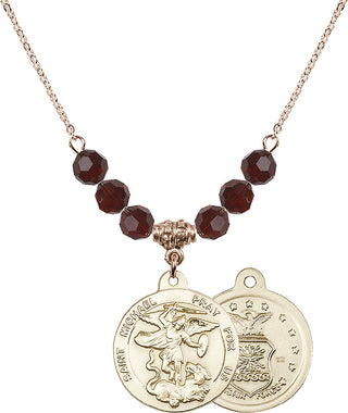 18" Hamilton Gold Plated Necklace with 4mm Garnet Crystal Beads featuring a 14kt Gold Filled Saint Michael / Air Force Medal.