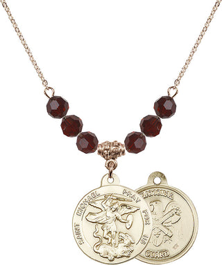 18" Hamilton Gold Plated Necklace with 4mm Garnet Crystal Beads featuring a 14kt Gold Filled Saint Michael / Nat'l Guard Medal.