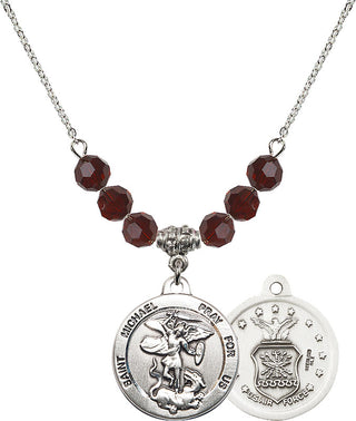 18" Rhodium Plated Necklace with 4mm Garnet Crystal Beads featuring a Sterling Silver Saint Michael / Air Force Medal.
