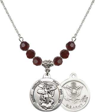 18" Rhodium Plated Necklace with 4mm Garnet Crystal Beads featuring a Sterling Silver Saint Michael / Army Medal.