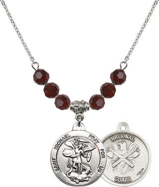 18" Rhodium Plated Necklace with 4mm Garnet Crystal Beads featuring a Sterling Silver Saint Michael / Nat'l Guard Medal.