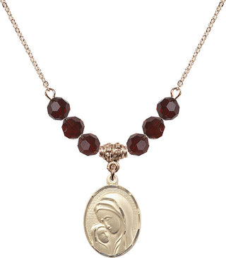 18" Hamilton Gold Plated Necklace with 4mm Garnet Crystal Beads featuring a 14kt Gold Filled Madonna & Child Medal.
