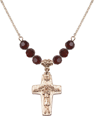 18" Hamilton Gold Plated Necklace with 4mm Garnet Crystal Beads featuring a 14kt Gold Filled Papal Crucifix Medal.