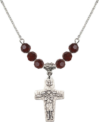 18" Rhodium Plated Necklace with 4mm Garnet Crystal Beads featuring a Sterling Silver Papal Crucifix Medal.