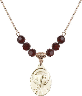 18" Hamilton Gold Plated Necklace with 4mm Garnet Crystal Beads featuring a 14kt Gold Filled Sorrowful Mother Medal.