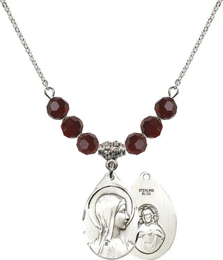 18" Rhodium Plated Necklace with 4mm Garnet Crystal Beads featuring a Sterling Silver Sorrowful Mother Medal.