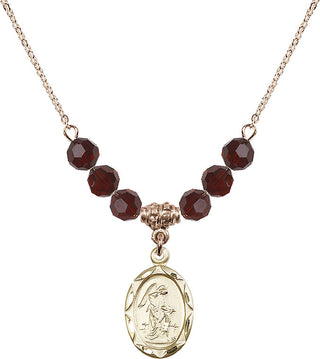 18" Hamilton Gold Plated Necklace with 4mm Garnet Crystal Beads featuring a 14kt Gold Filled Guardian Angel Medal. Engraved Catholic Saint Jewelry
