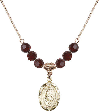 18" Hamilton Gold Plated Necklace with 4mm Garnet Crystal Beads featuring a 14kt Gold Filled Miraculous Medal.