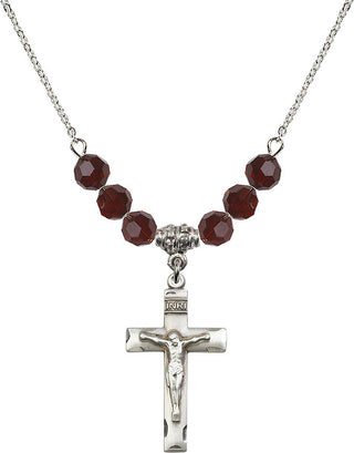 18" Rhodium Plated Necklace with 4mm Garnet Crystal Beads featuring a Sterling Silver Crucifix Medal.