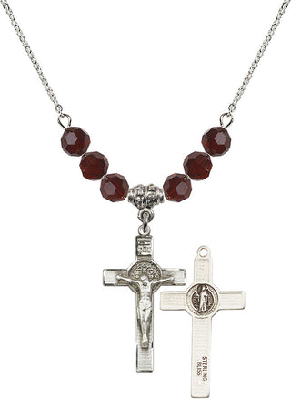 18" Rhodium Plated Necklace with 4mm Garnet Crystal Beads featuring a Sterling Silver Saint Benedict Crucifix Medal.