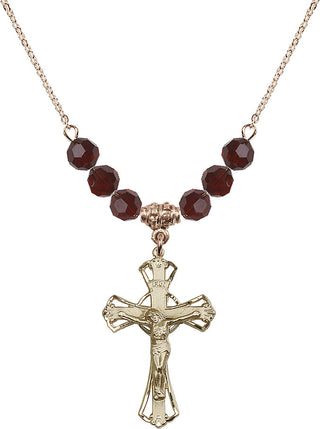 18" Hamilton Gold Plated Necklace with 4mm Garnet Crystal Beads featuring a 14kt Gold Filled Crucifix Medal.
