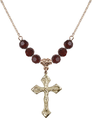 18" Hamilton Gold Plated Necklace with 4mm Garnet Crystal Beads featuring a 14kt Gold Filled Crucifix Medal.
