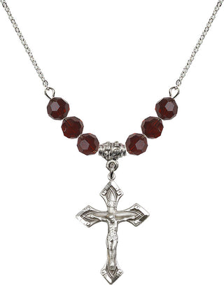 18" Rhodium Plated Necklace with 4mm Garnet Crystal Beads featuring a Sterling Silver Crucifix Medal.