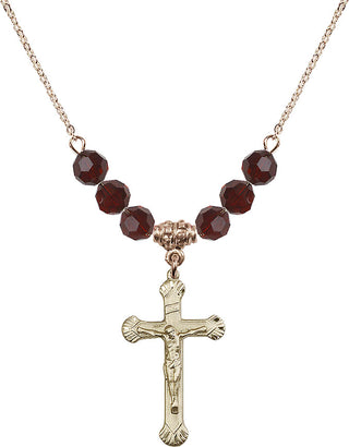 18" Hamilton Gold Plated Necklace with 4mm Garnet Crystal Beads featuring a 14kt Gold Filled Crucifix Medal.