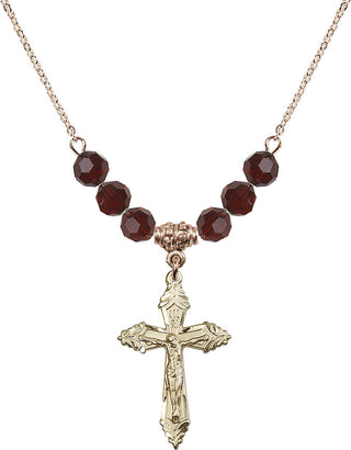 18" Hamilton Gold Plated Necklace with 4mm Garnet Crystal Beads featuring a 14kt Gold Filled Crucifix Medal.