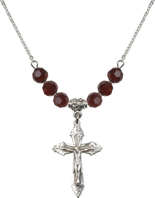 18" Rhodium Plated Necklace with 4mm Garnet Crystal Beads featuring a Sterling Silver Crucifix Medal.